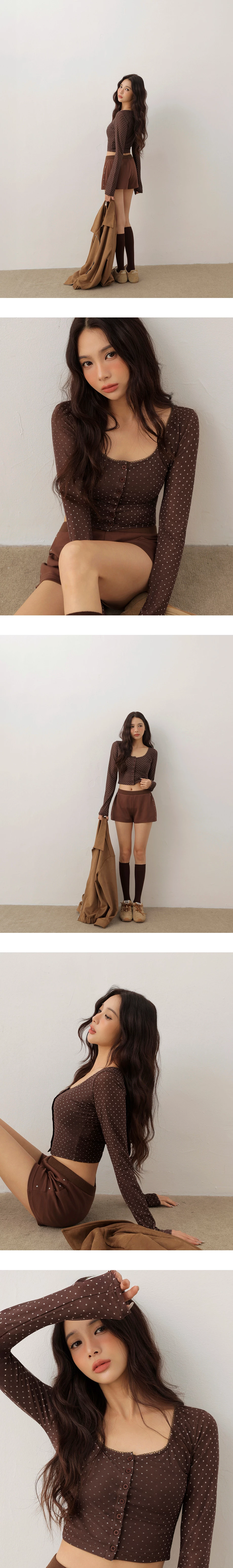 Button Front Polka Dot Square Neck Lace Trim Top