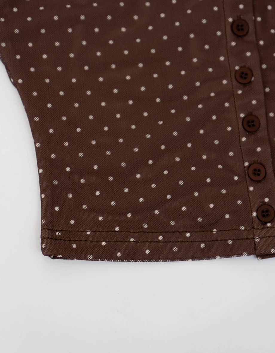 Button Front Polka Dot Square Neck Lace Trim Top