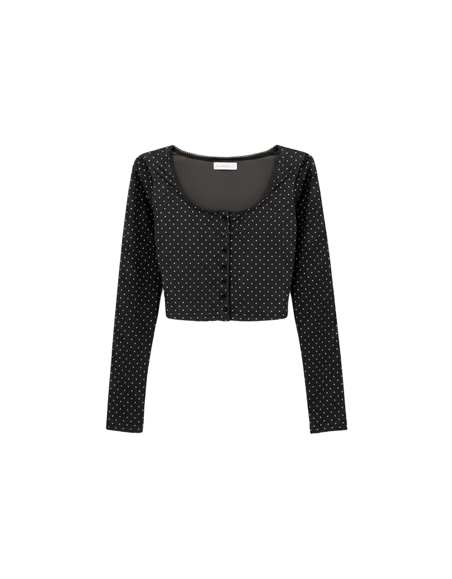 Button Front Polka Dot Square Neck Lace Trim Top