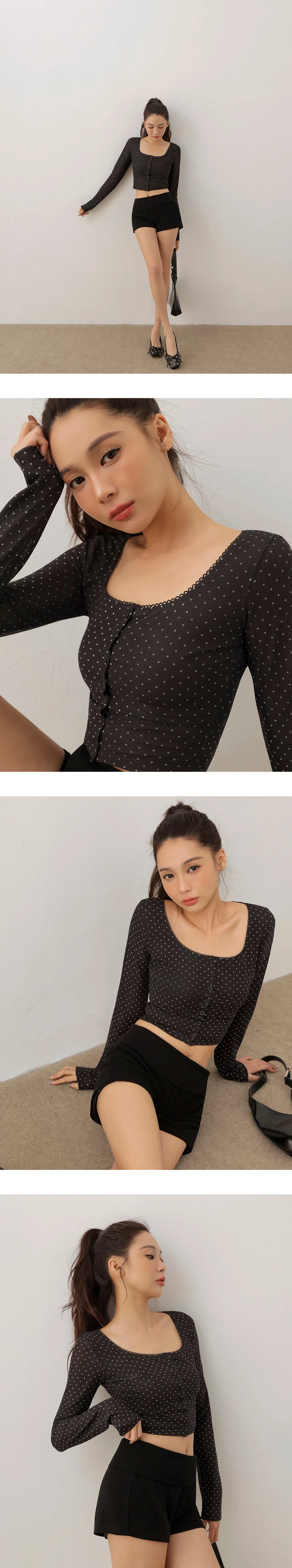 Button Front Polka Dot Square Neck Lace Trim Top