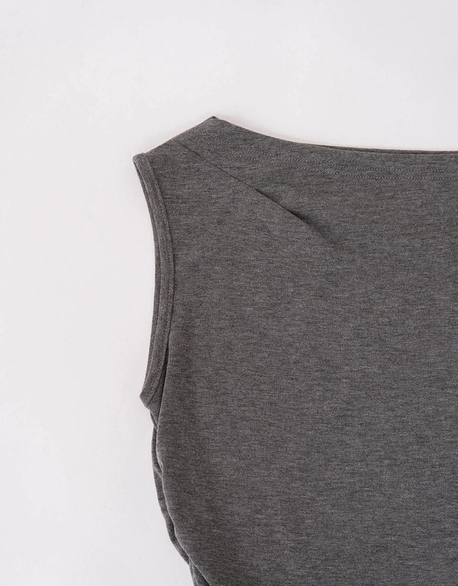 不對稱領側抓皺無袖短版上衣