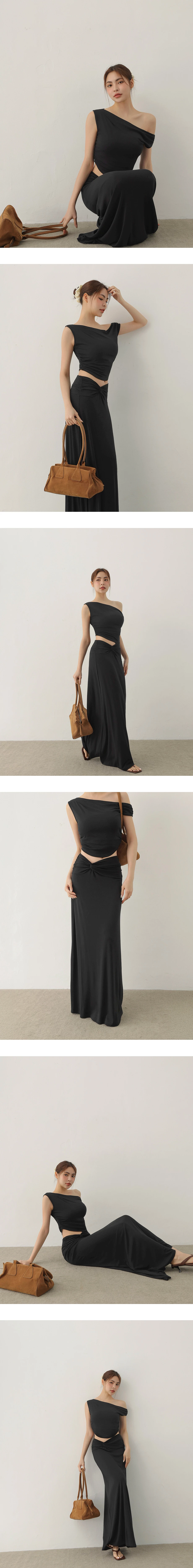 不對稱領側抓皺無袖短版上衣