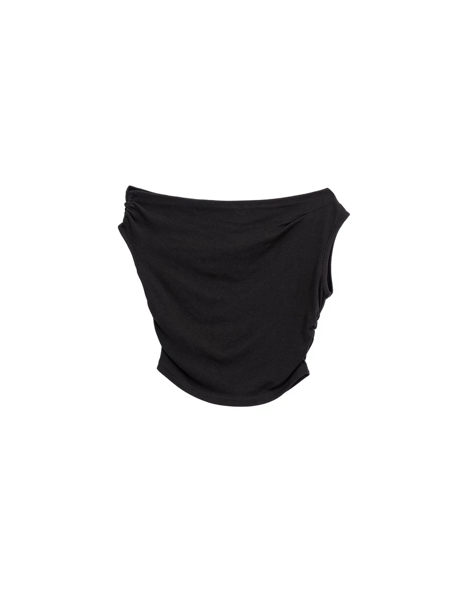 不對稱領側抓皺無袖短版上衣