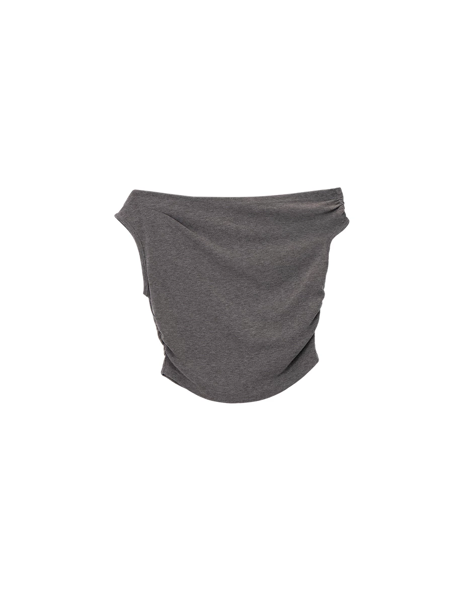 不對稱領側抓皺無袖短版上衣