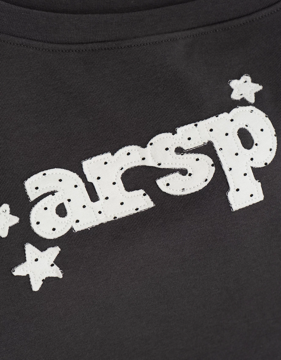 Polka Dot Letter Patch Asymmetric Neck Crop Padded Bra Top