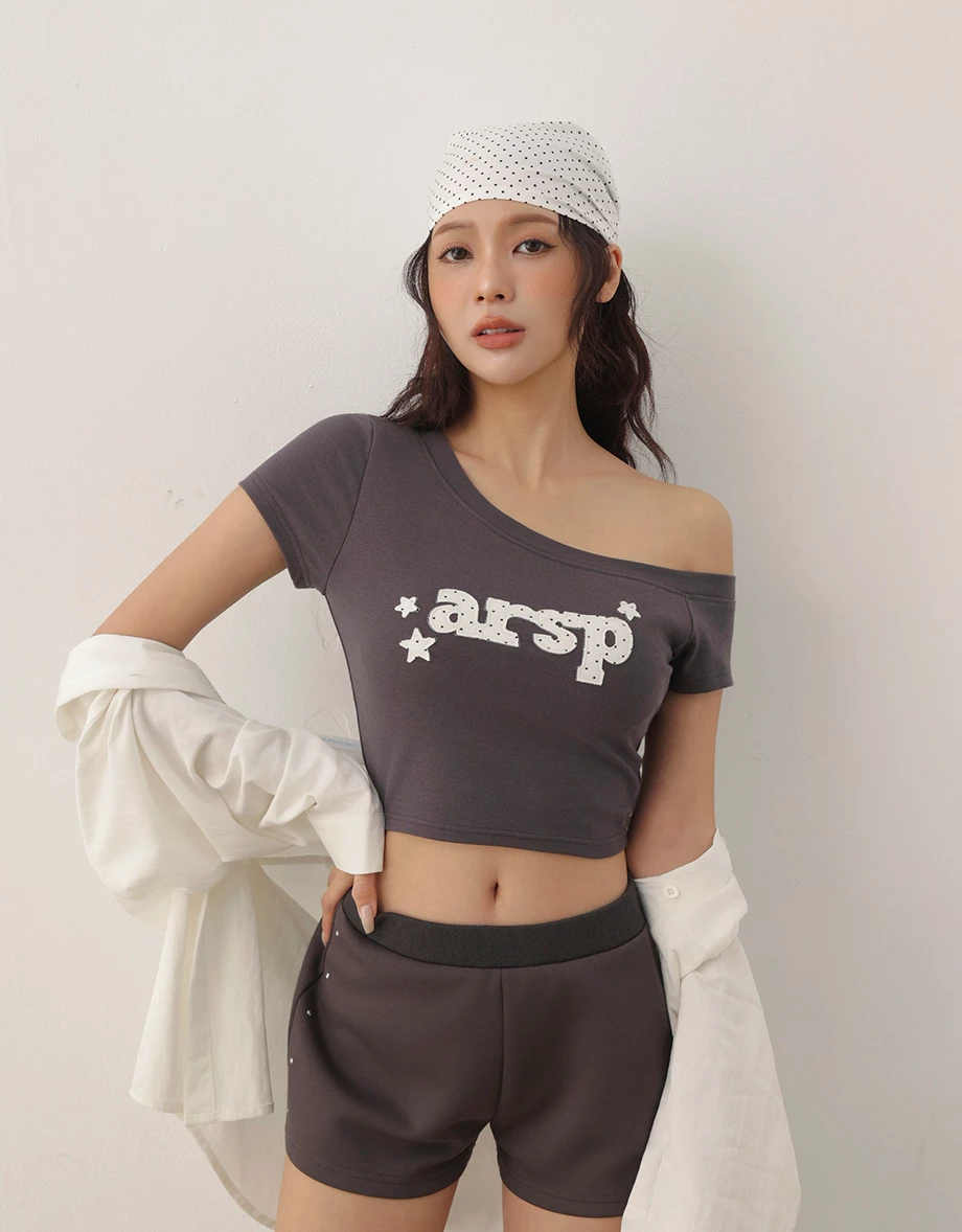 Polka Dot Letter Patch Asymmetric Neck Crop Padded Bra Top