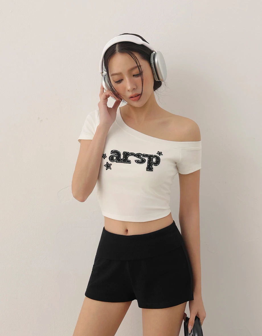 Polka Dot Letter Patch Asymmetric Neck Crop Padded Bra Top