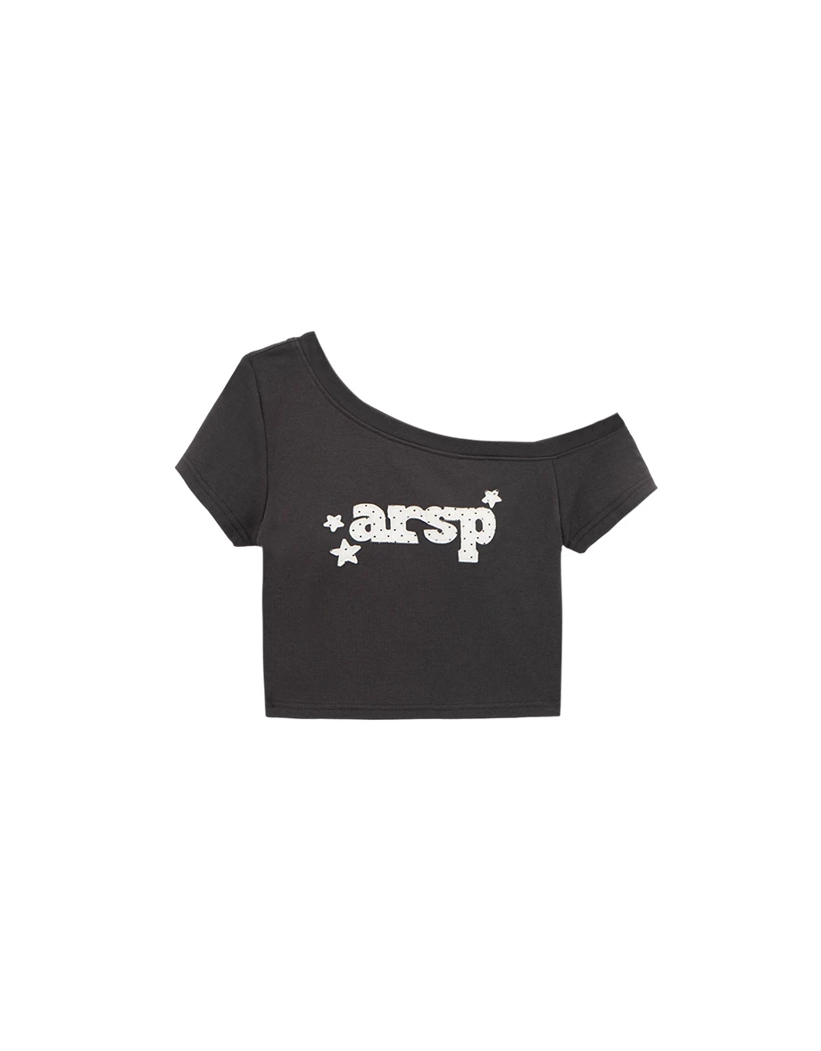 Polka Dot Letter Patch Asymmetric Neck Crop Padded Bra Top