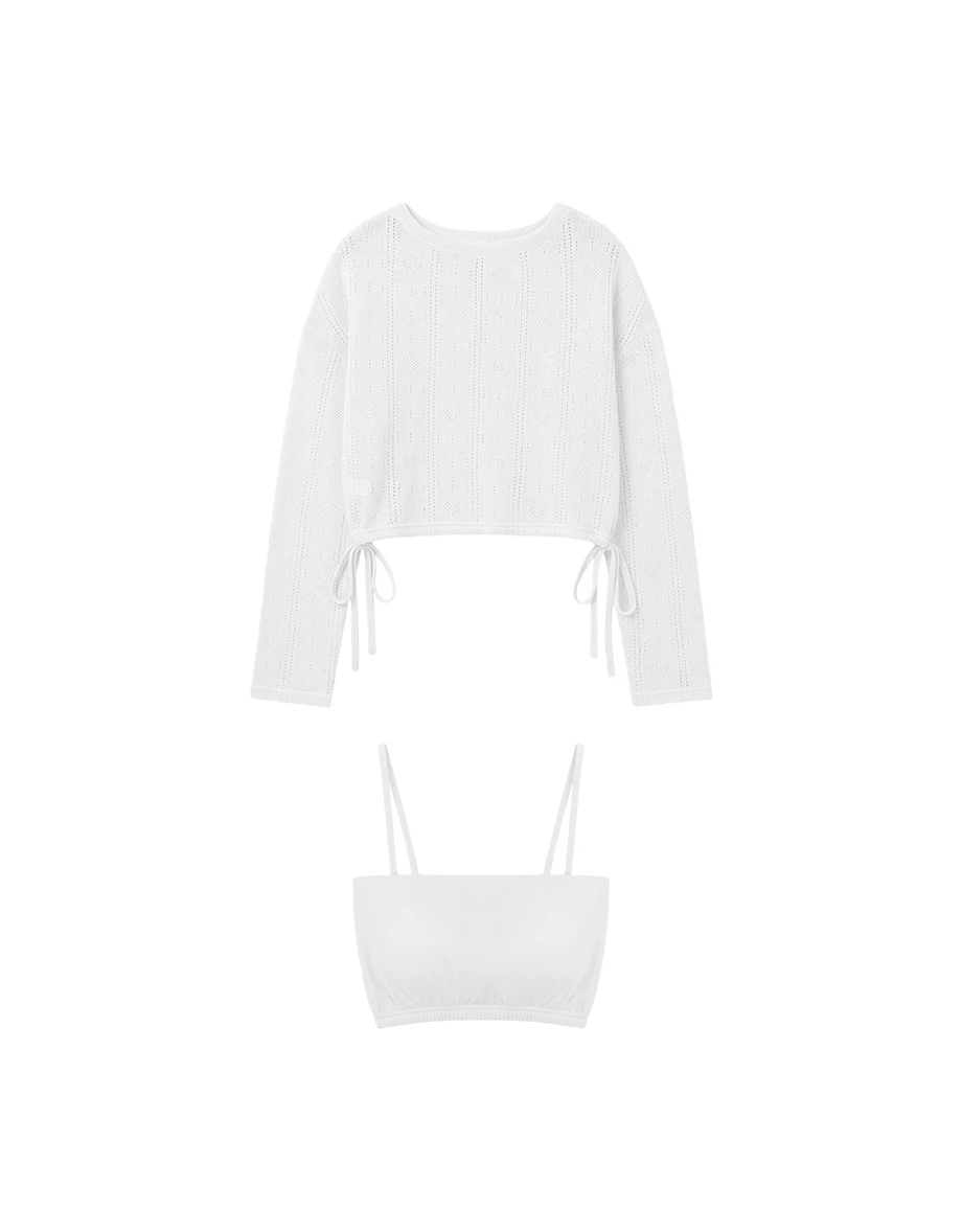 圓領鏤空愛心條紋下擺抽繩長袖針織衫(附BRA背心)