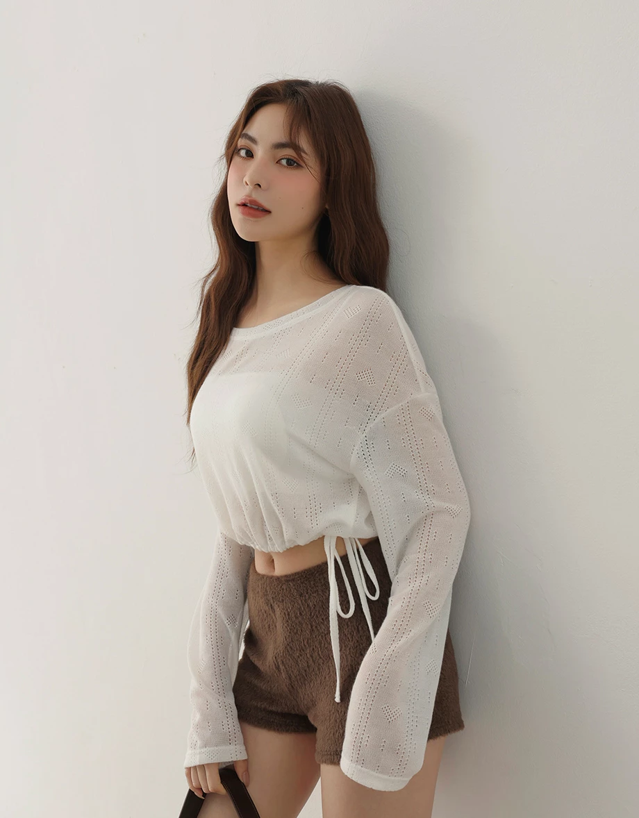 圓領鏤空愛心條紋下擺抽繩長袖針織衫(附BRA背心)