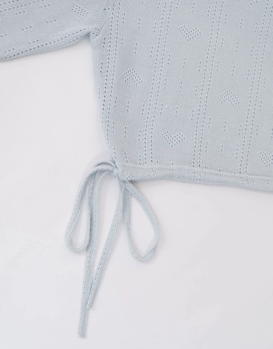 圓領鏤空愛心條紋下擺抽繩長袖針織衫(附BRA背心)