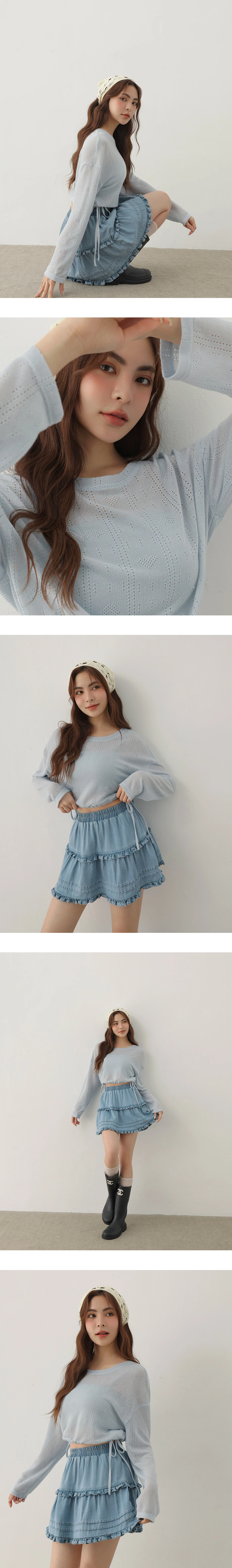 圓領鏤空愛心條紋下擺抽繩長袖針織衫(附BRA背心)