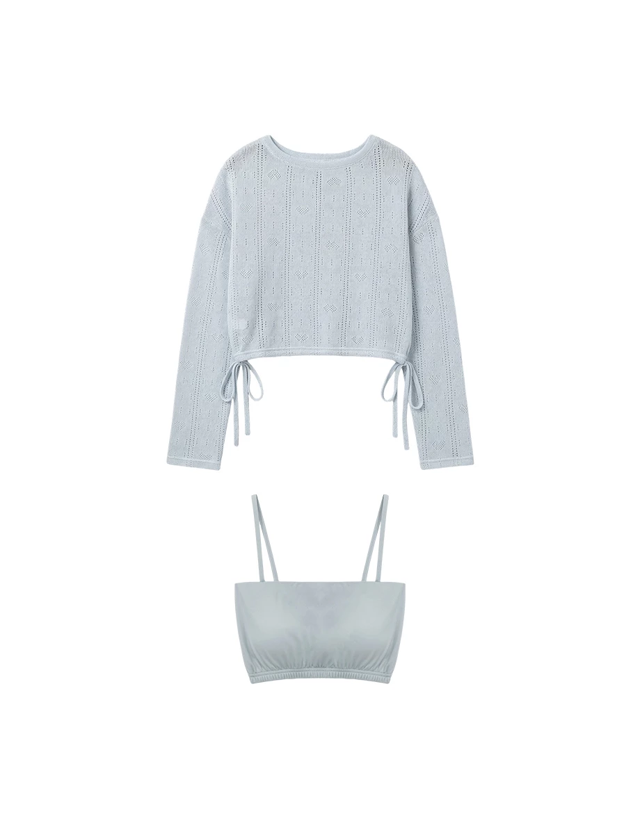 圓領鏤空愛心條紋下擺抽繩長袖針織衫(附BRA背心)