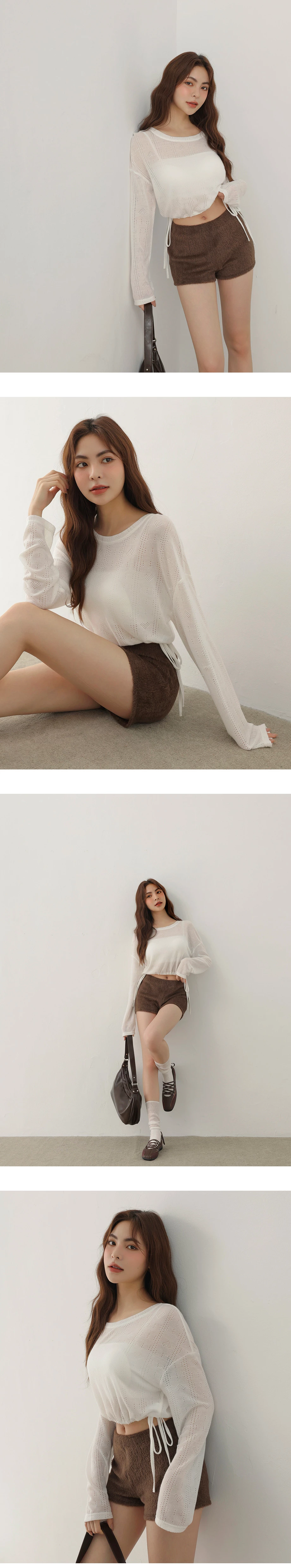 圓領鏤空愛心條紋下擺抽繩長袖針織衫(附BRA背心)