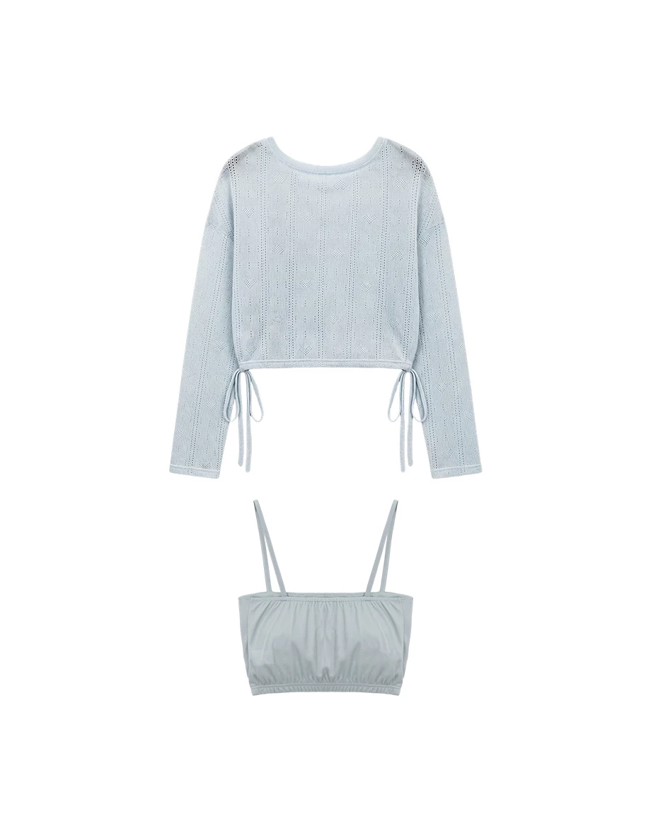 圓領鏤空愛心條紋下擺抽繩長袖針織衫(附BRA背心)