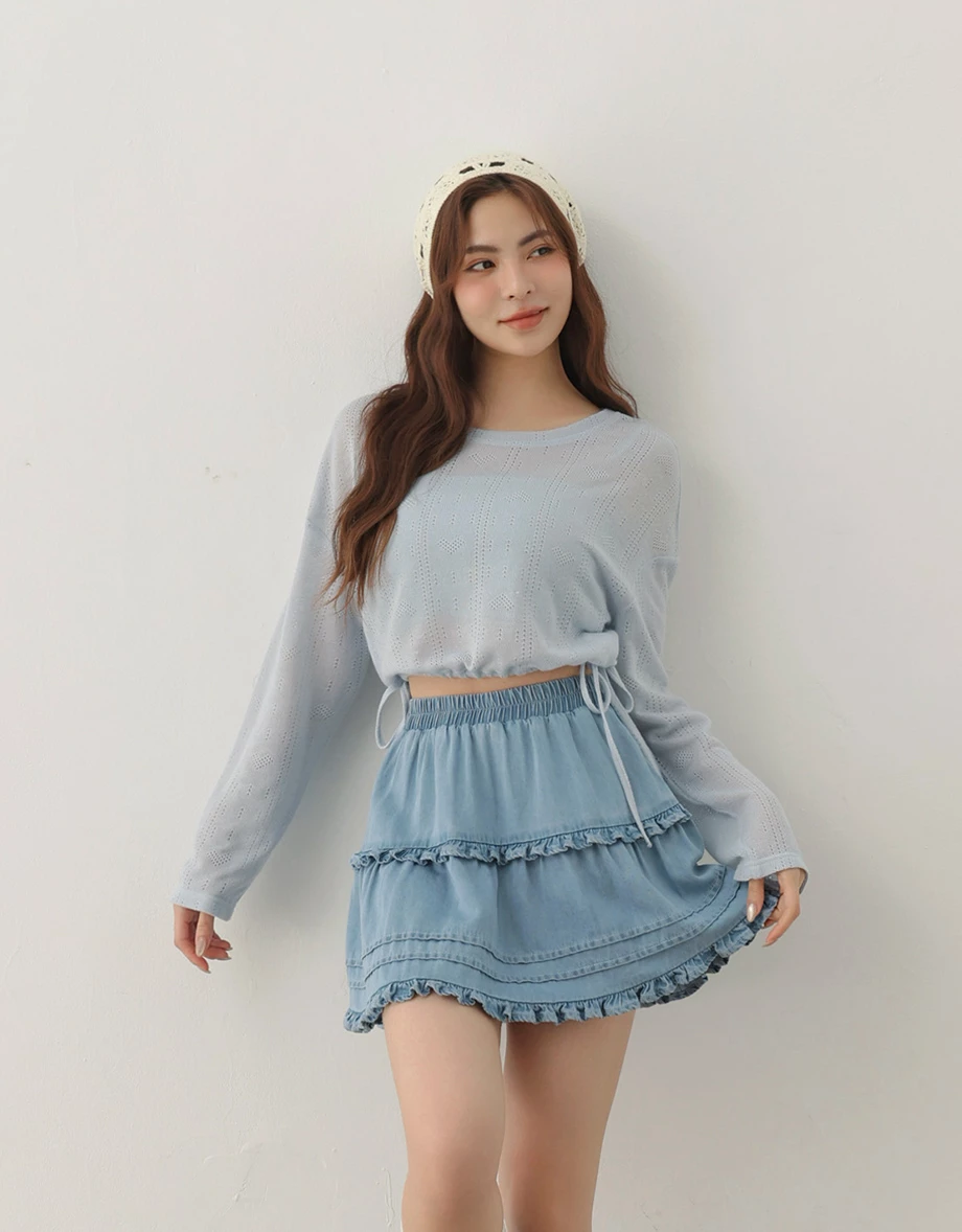 圓領鏤空愛心條紋下擺抽繩長袖針織衫(附BRA背心)