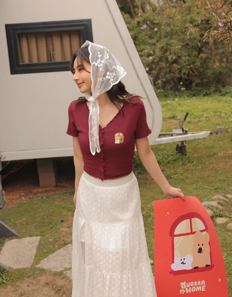 【DINOTAENG】印花小圖V領包扣木耳邊羅紋開襟針織衫