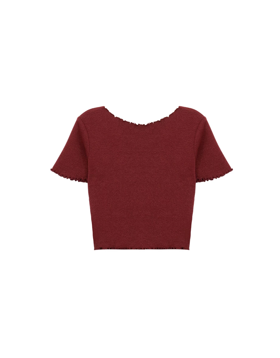 【DINOTAENG】印花小圖V領包扣木耳邊羅紋開襟針織衫