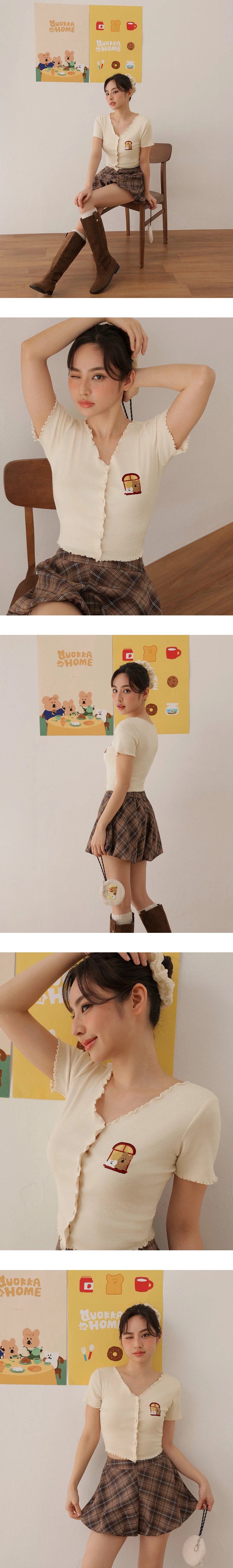 【DINOTAENG】印花小圖V領包扣木耳邊羅紋開襟針織衫