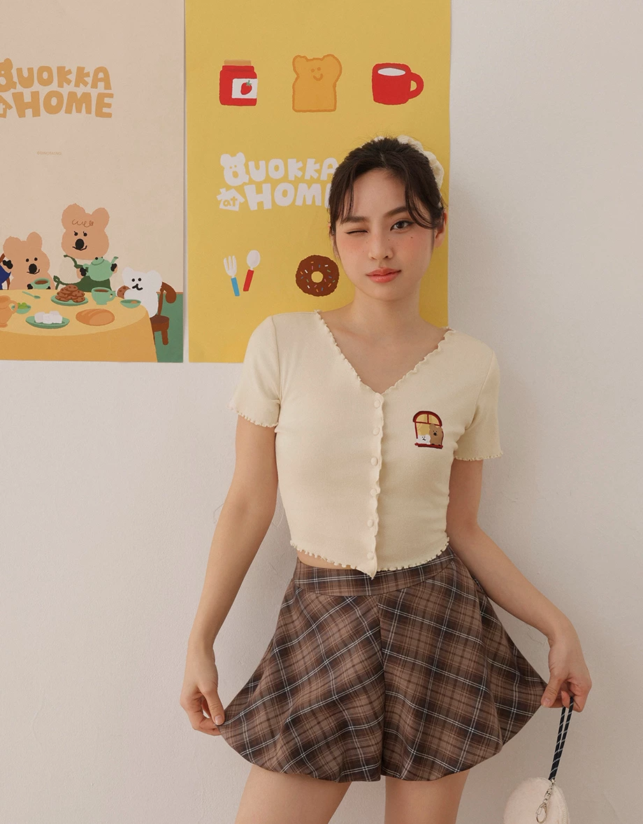 【DINOTAENG】印花小圖V領包扣木耳邊羅紋開襟針織衫