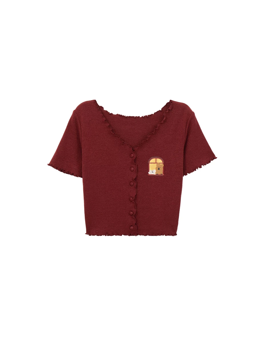 【DINOTAENG】印花小圖V領包扣木耳邊羅紋開襟針織衫