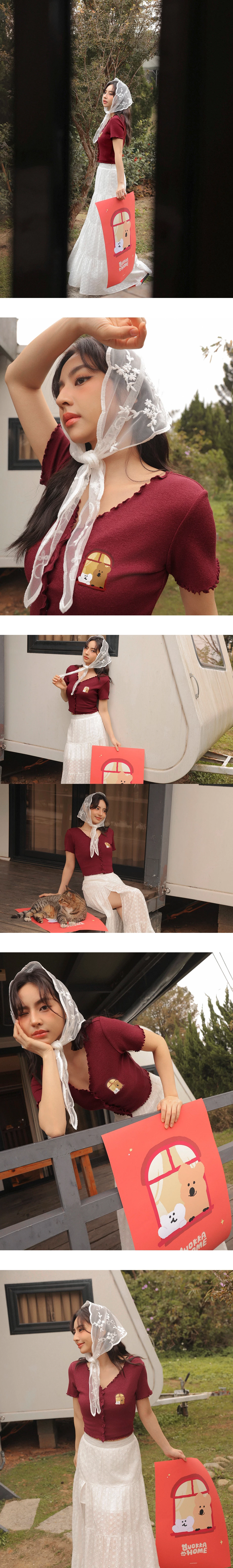 【DINOTAENG】印花小圖V領包扣木耳邊羅紋開襟針織衫