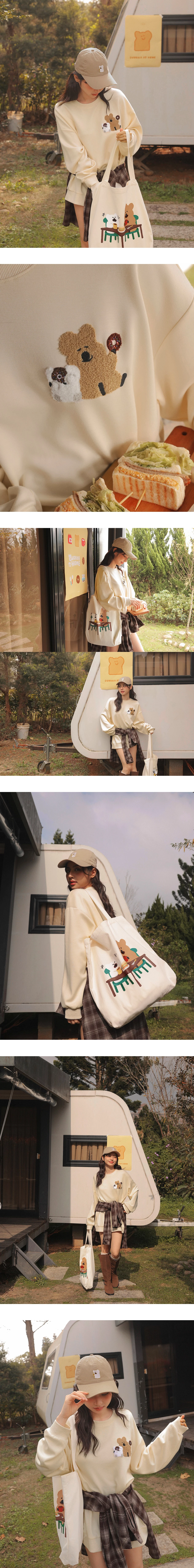 【DINOTAENG】毛巾繡小圖圓領長袖空氣棉寬版大學 TEE