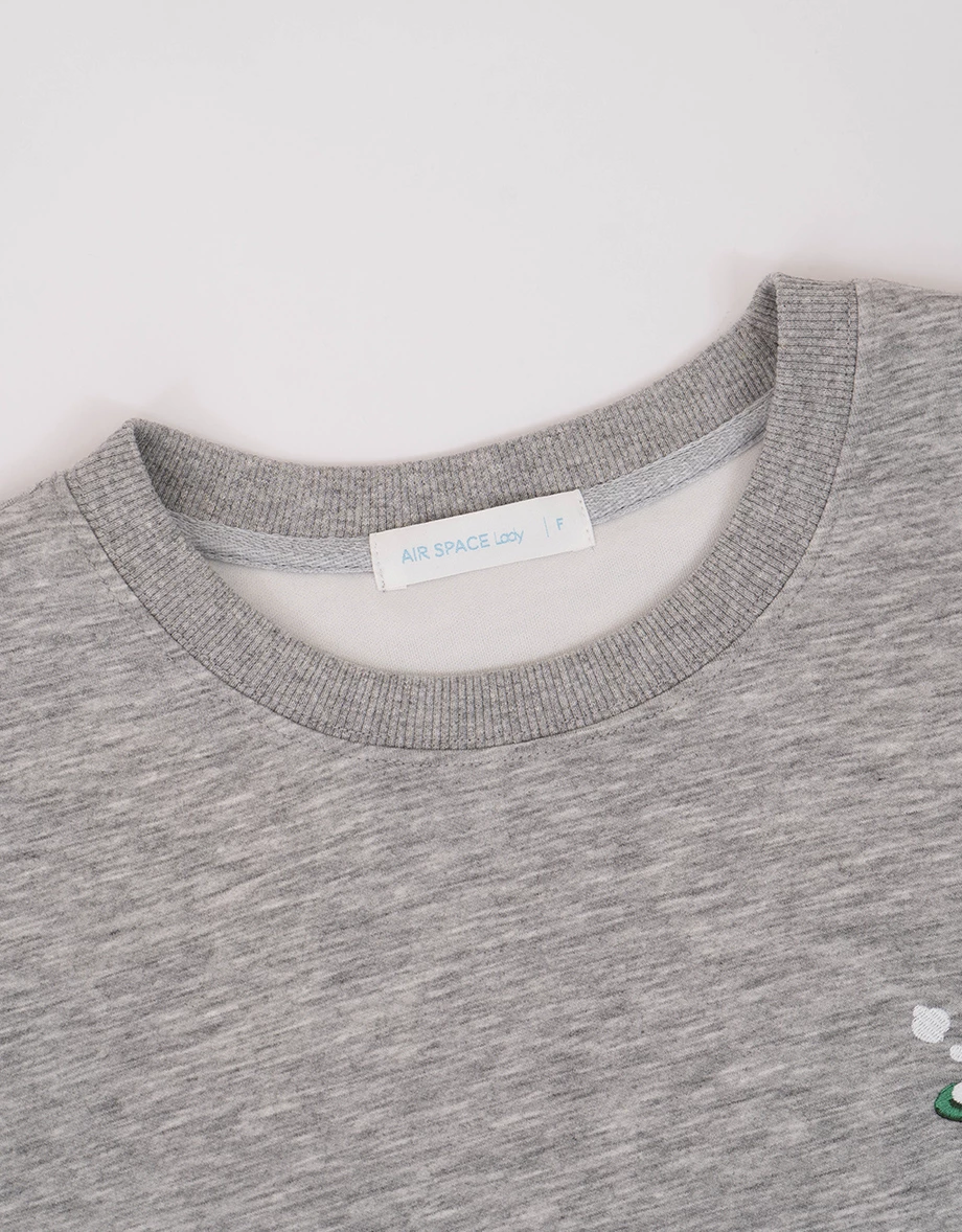 【DINOTAENG】毛巾繡小圖圓領長袖空氣棉寬版大學 TEE