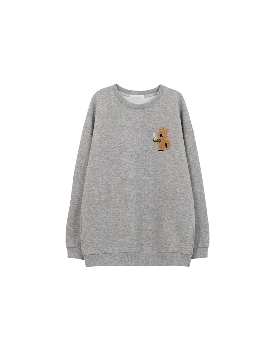 【DINOTAENG】毛巾繡小圖圓領長袖空氣棉寬版大學 TEE