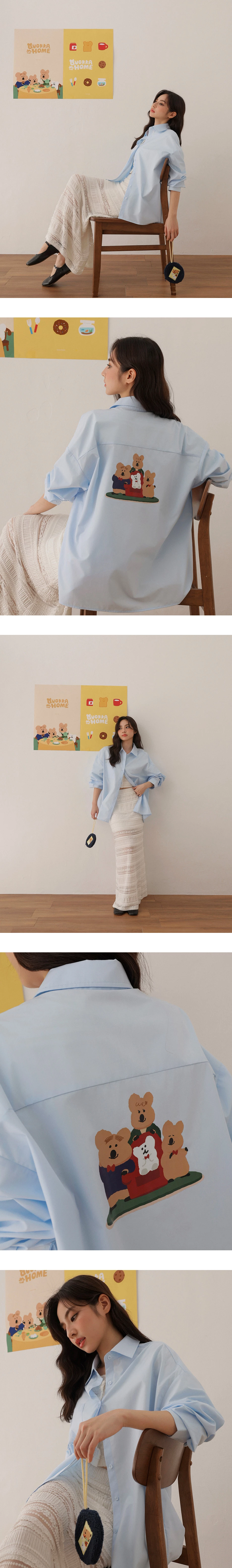 【DINOTAENG】美背印花單口袋長袖寬版襯衫