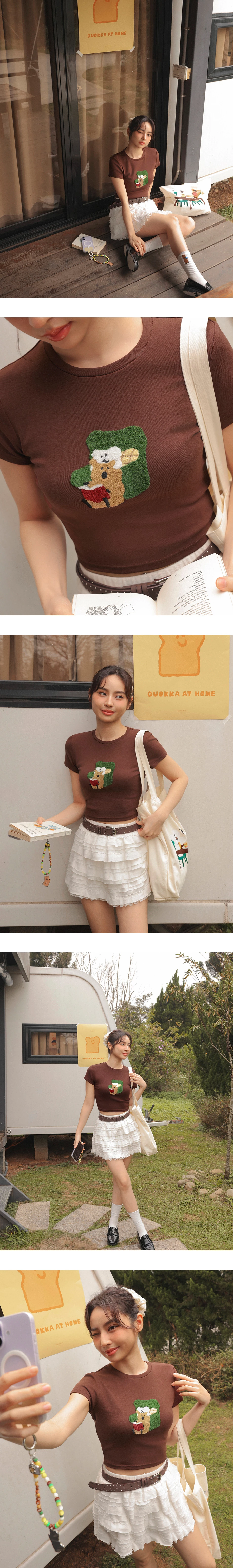 【DINOTAENG】毛巾繡圖案圓領短袖短版TEE