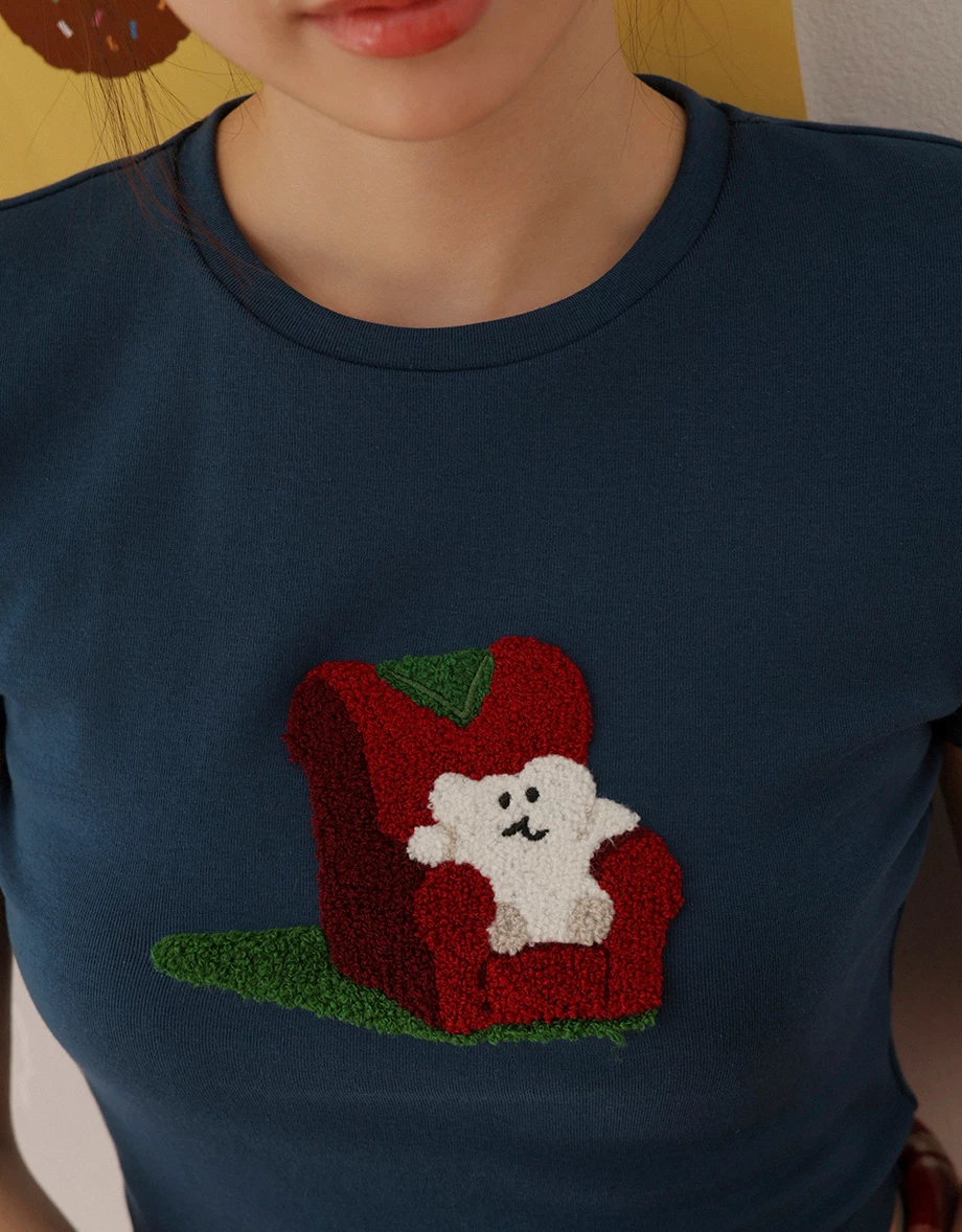 【DINOTAENG】毛巾繡圖案圓領短袖短版TEE