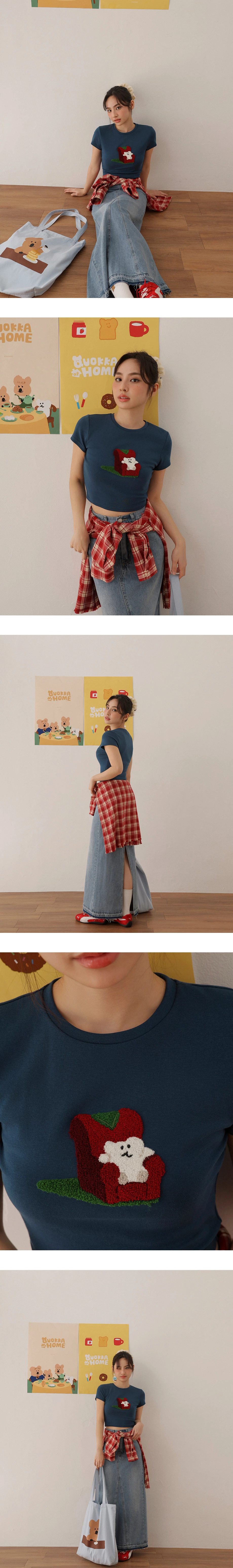 【DINOTAENG】毛巾繡圖案圓領短袖短版TEE