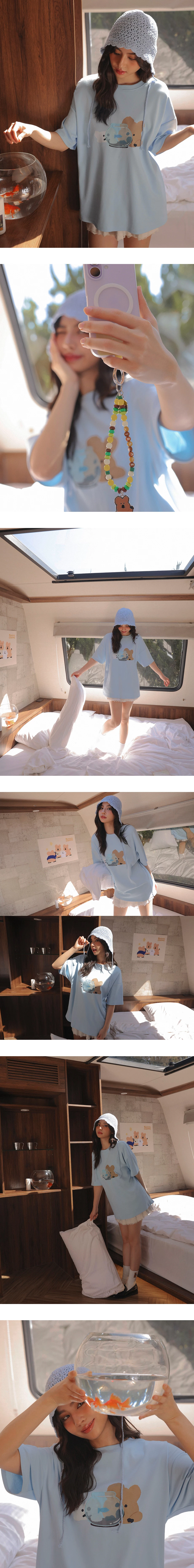 【DINOTAENG】透紗貼布繡印花圓領短袖寬版TEE