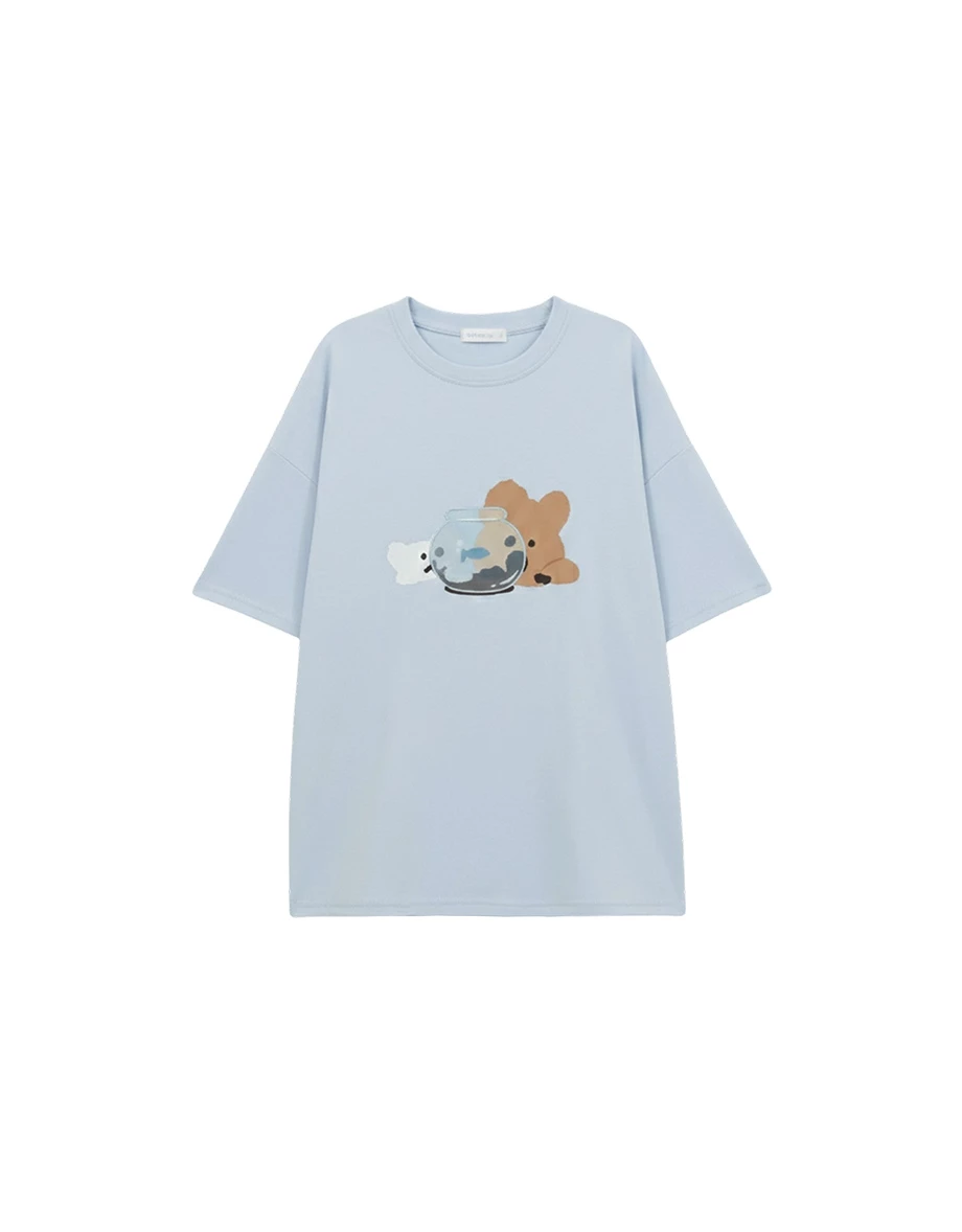 【DINOTAENG】透紗貼布繡印花圓領短袖寬版TEE