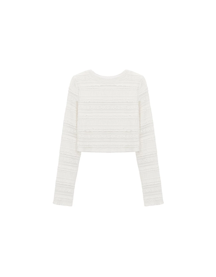 圓領排扣多層次花邊透膚蕾絲長袖短版上衣