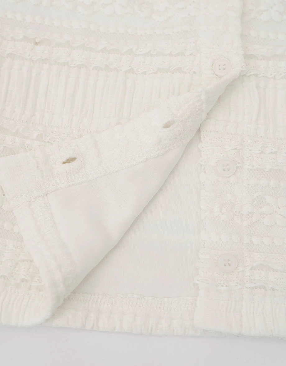 圓領排扣多層次花邊透膚蕾絲長袖短版上衣