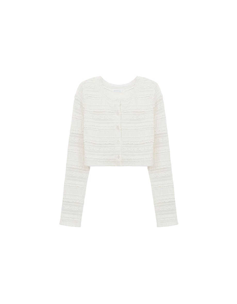 圓領排扣多層次花邊透膚蕾絲長袖短版上衣