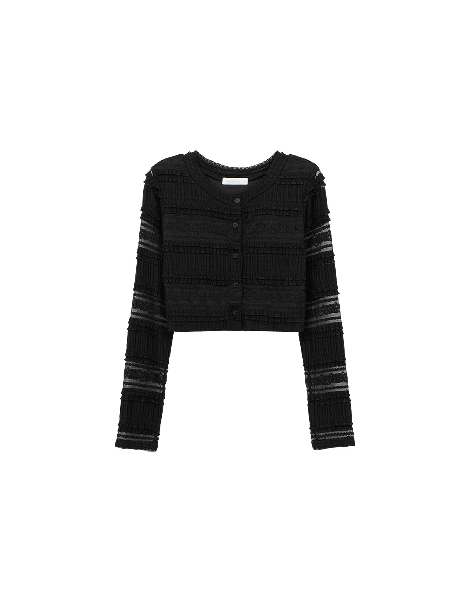 圓領排扣多層次花邊透膚蕾絲長袖短版上衣