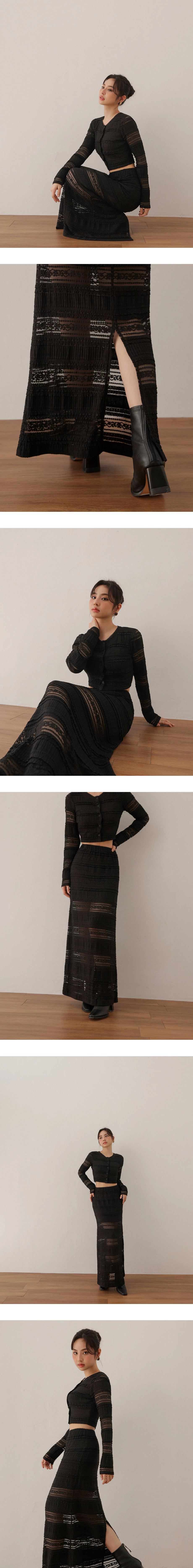 圓領排扣多層次花邊透膚蕾絲長袖短版上衣