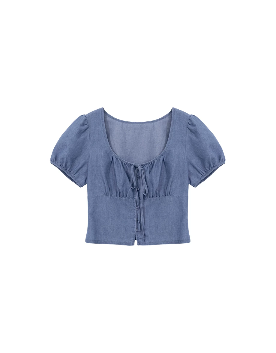 方領抓皺綁帶澎袖短版水洗牛仔上衣