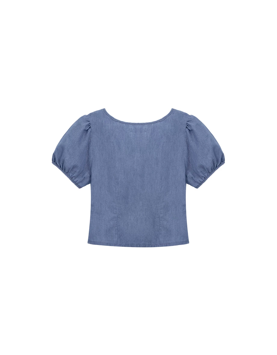 方領抓皺綁帶澎袖短版水洗牛仔上衣