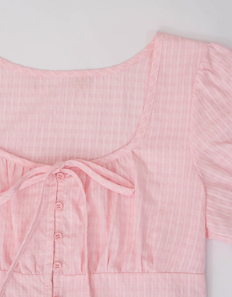 方領抓皺綁帶澎袖直條紋短版上衣