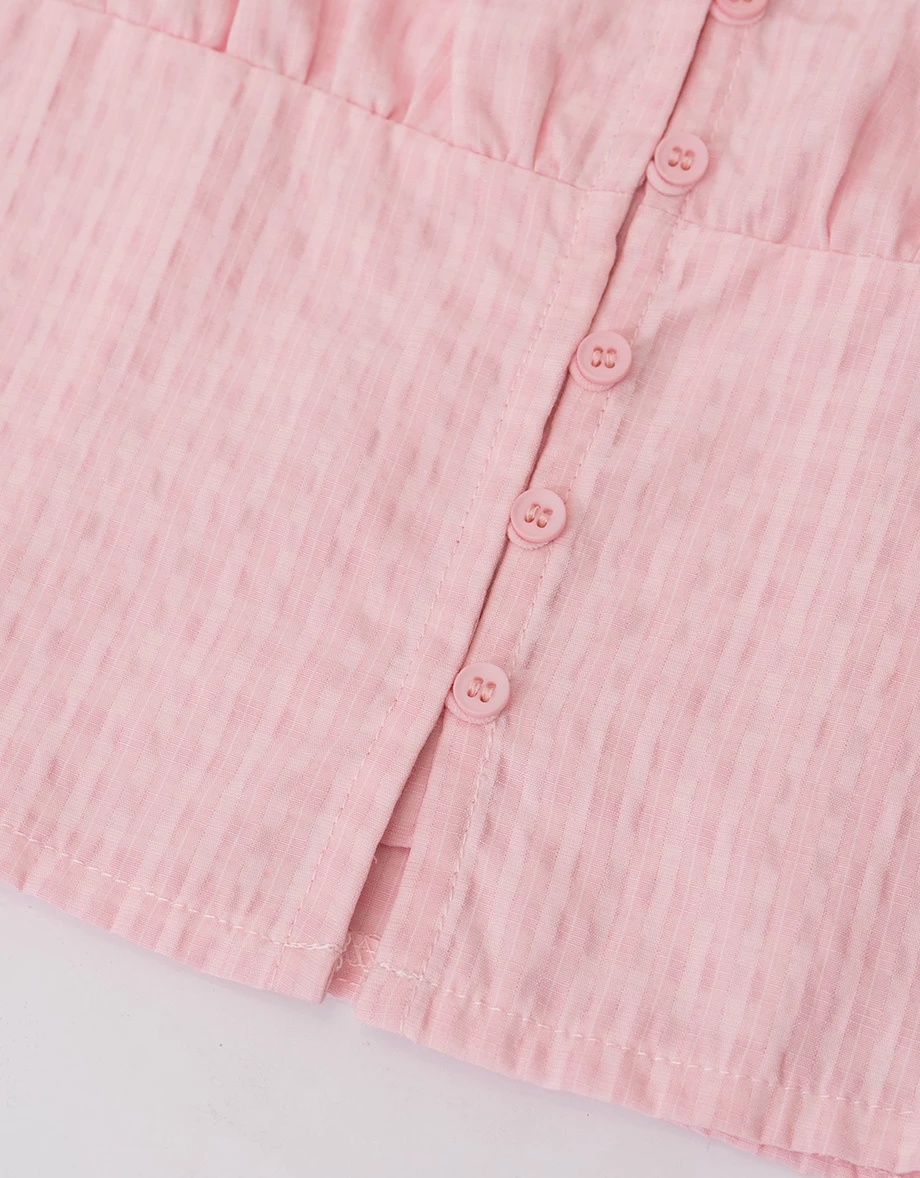 方領抓皺綁帶澎袖直條紋短版上衣