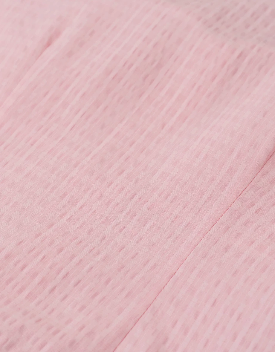 方領抓皺綁帶澎袖直條紋短版上衣