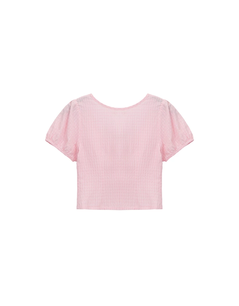 方領抓皺綁帶澎袖直條紋短版上衣