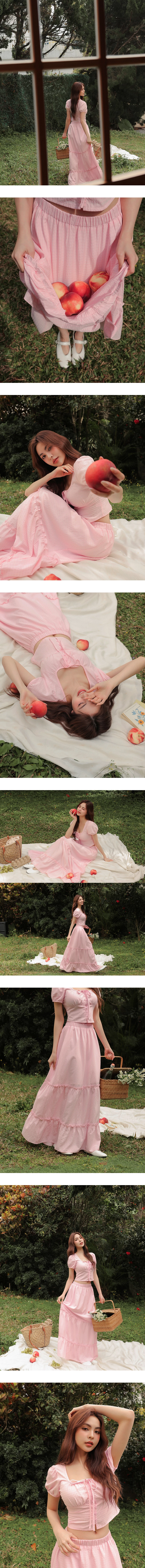 方領抓皺綁帶澎袖直條紋短版上衣