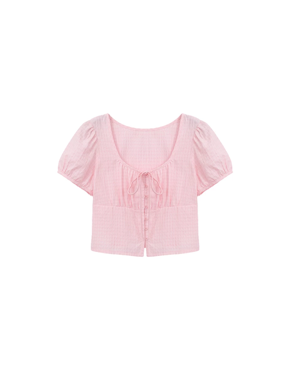 方領抓皺綁帶澎袖直條紋短版上衣