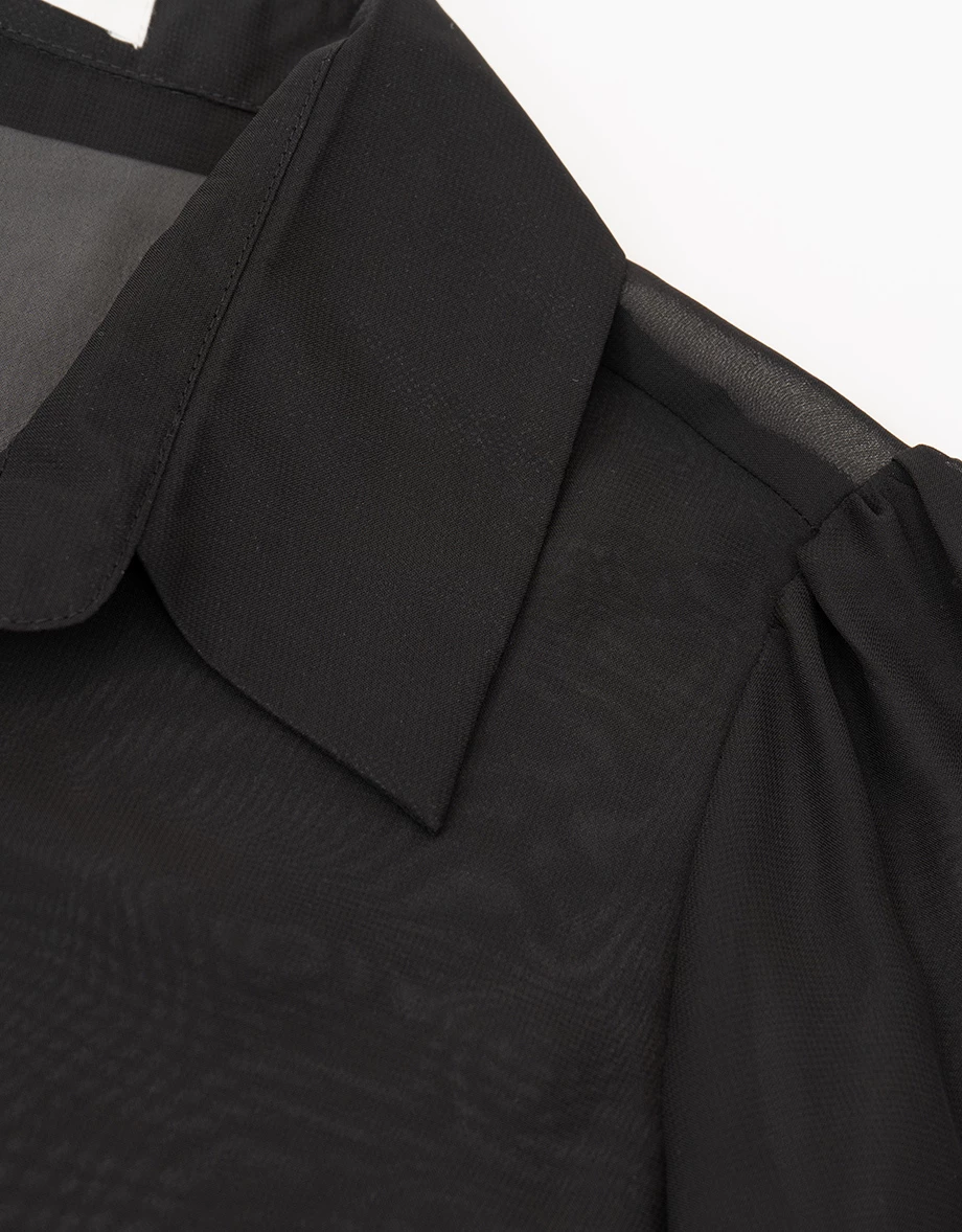 透膚雪紡長袖長版襯衫