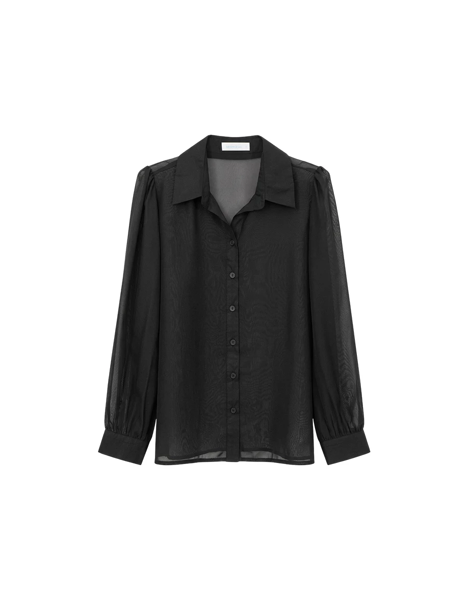 透膚雪紡長袖長版襯衫